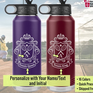 Custom Tennis Water Bottle. Personalized gift for player/coach. Vacuum insulated steel, laser etched coat of arms with initial & name.