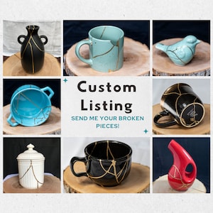 May include: A collection of ceramic pieces with gold accents, featuring a vase, a mug, a bowl, a jar, and a pitcher. Each piece has a unique crackle glaze and gold accents, creating a beautiful and unique look.  Custom Listing: Send me your broken pieces!