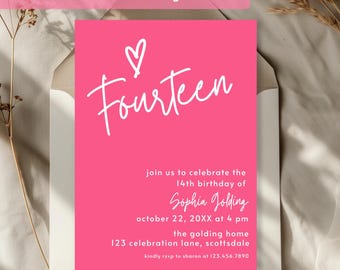 Hot Pink 14th Birthday Invitation for Teen Girl Bright Pink Invite Colorful Trendy Party Theme Ideas Dinner Party Invite Template 0019