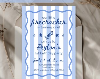 One Little Firecracker 1st Birthday Invite for Patriotic Party Blue First Birthday 4th of July Theme BBQ Invitation All American Boy 0021