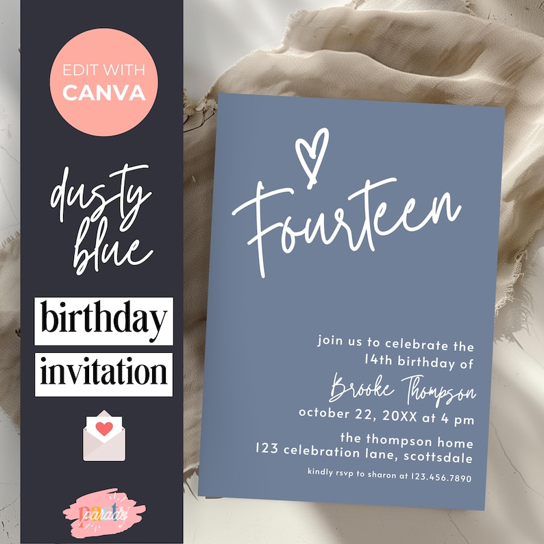 Peut inclure: Une invitation d'anniversaire bleu poussi&eacute;reux avec le mot "Fourteen" en &eacute;criture blanche, un symbole de c&oelig;ur et les d&eacute;tails de l'&eacute;v&eacute;nement. L'invitation comprend le texte "Rejoignez-nous pour c&eacute;l&eacute;brer le 14e anniversaire de Brooke Thompson."