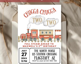 May include: A rectangular birthday invitation card featuring a red and tan steam train illustration with smoke clouds, the text CHUGGA CHUGGA TWO TWO, and event details for Maxwell's 2nd birthday on July 27 at The North House, 123 Station Crossing, Flagstaff, AZ.