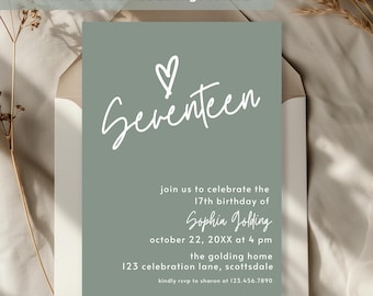 Sage Green 17th Birthday Invitation Modern Teen Girl Invite Elegant Soft Green Editable Template Teen Girl Birthday Theme Ideas 0003