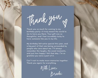 Dusty Blue Thank You Note Birthday Template Editable Teenage Girl Thank You Card Simple Modern Party Thank You Letter Celebration 0011