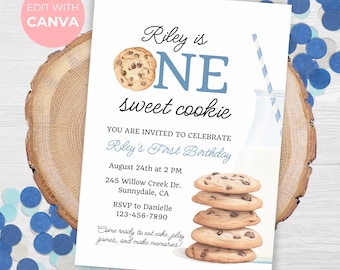 May include: A blue and white birthday invitation for a boy's first birthday party. The invitation features a chocolate chip cookie and the text "Riley is ONE sweet cookie". The invitation also includes the date, time, and location of the party.