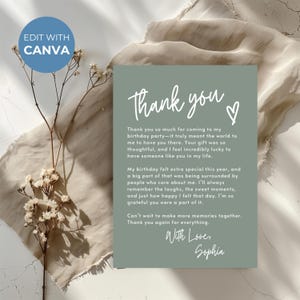 Modelo de cartão de agradecimento verde-sálvia para aniversário, cartão de agradecimento editável para adolescentes, festa moderna e simples, carta de agradecimento boho, celebração 0003