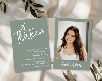 13th Birthday Photo Invitation Sage Green Thirteenth Birthday Invite for Teenager Simple Elegant Invitation Printable Template Modern 0003