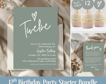 12th Birthday Invitation Bundle Sage Green Girl Invite Editable Birthday Dinner Party Printable Cupcake Toppers and Thank You Note 0003