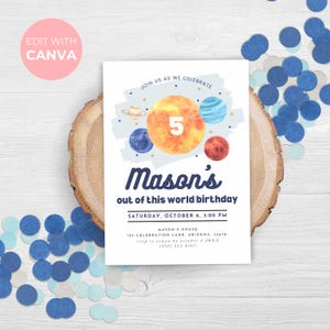 Invitación para el quinto cumpleaños del espacio. Invitación para el quinto cumpleaños de un niño. Fiesta del espacio exterior. Galaxia. Fiesta de cumpleaños de otro mundo. Fiesta del sistema solar. 0001