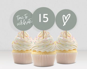 15th Birthday Cupcake Toppers: Sage Green Teen Girl Printable Party Decor 0003