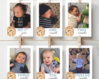 Milk and Cookies 1st Birthday Photo Banner Chocolate Chip Cookie Party Decorations for Boys Monthly Milestone Card Bunting Banner Blue 0005