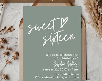Sweet 16 Invitation Sage Green Birthday Party Invite Teen Girl Modern Boho Birthday Invitation Elegant Dinner Party Printable 0003