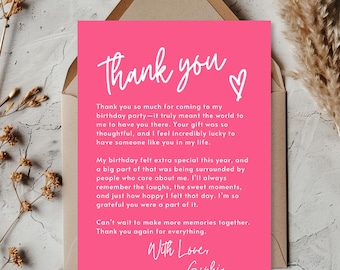 Bright Pink Birthday Thank You Note Teen Girl Thank You For Coming Card Template Vibrant Fuchsia Thank You Letter Printable Editable 0019