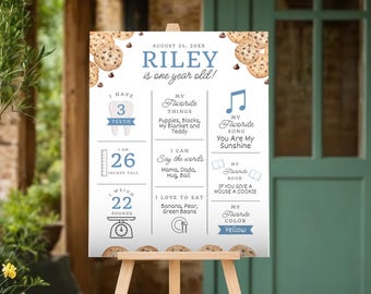 May include: A personalized sign on an easel, featuring the text "Riley is one year old!" with details about the child's height (26 inches), weight (22 pounds), and favorite things. The sign has a cookie theme.