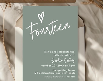 Invitation 14e anniversaire vert sauge, quatorzième anniversaire d'invitation pour adolescent Simple modèle imprimable d'invitation élégante fille moderne 0003