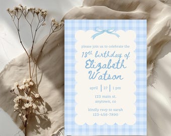 18th Birthday Blue Gingham Invite Template: Simple Women's Invitation Printable 0012