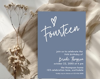 14th Birthday Dusty Blue Invite Template Simple Teen Girl Printable Invitation 0011
