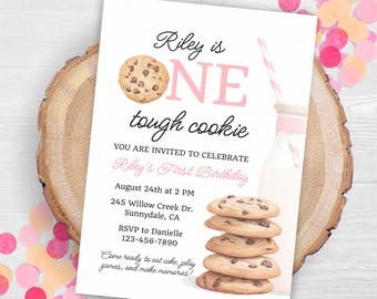 One Tough Cookie Birthday Invitation First Birthday Girl Milk Cookies Party 1st Birthday Cookie Sweet Celebration Toddler Birthday Cute 0009