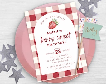 Berry Sweet Birthday Invitation Strawberry Birthday Invitation Berry Sweet Birthday Invite Berry Sweet Birthday Strawberry Gingham 0010
