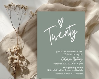 20th Birthday Invitation Sage Green Twentieth Birthday Invite for Woman Simple Elegant Invitation Printable Template Modern Adult 0014