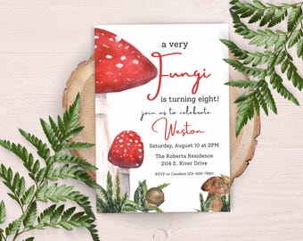 Mushroom 8th Birthday Invitation Template: Digital Download 0004