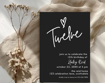 12th Birthday Invite Template: Simple Teen Girl Invitation Printable 0013