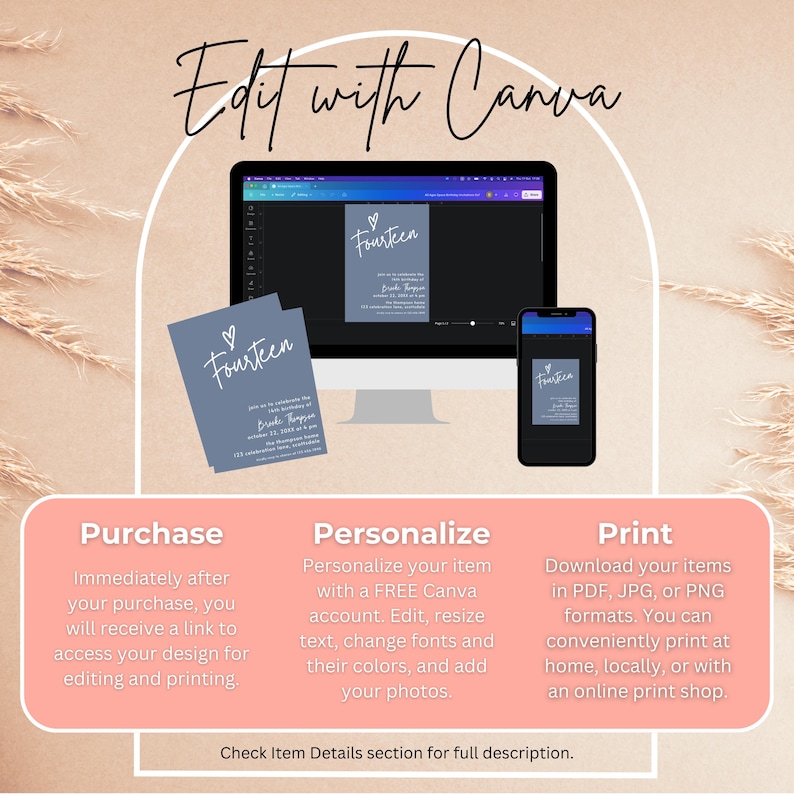 Peut inclure: Un mod&egrave;le de design num&eacute;rique affich&eacute; sur un &eacute;cran d'ordinateur, un smartphone et une carte imprim&eacute;e. Le design pr&eacute;sente le mot "Fourteen" avec un symbole de c&oelig;ur. L'image comprend &eacute;galement des instructions pour l'achat, la personnalisation et l'impression.