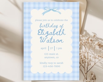 Blue Gingham Invitation for Women Birthday Party Dusty Blue Gingham Invite Scalloped Edge Modern Invitation Trendy Birthday Invite 0012