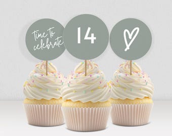 14th Birthday Cupcake Toppers: Sage Green Teen Girl Printable Party Decor 0003