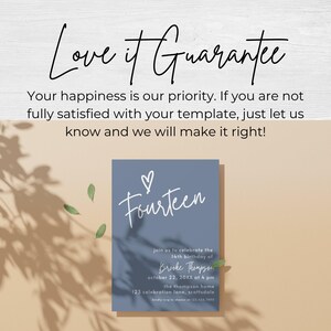 Peut inclure: Une carte d'invitation bleue avec le mot "Fourteen" en &eacute;criture blanche, un symbole de c&oelig;ur et les d&eacute;tails de l'&eacute;v&eacute;nement. La carte est pour une c&eacute;l&eacute;bration du 14e anniversaire. Le texte "Love it Guarantee" est en haut.