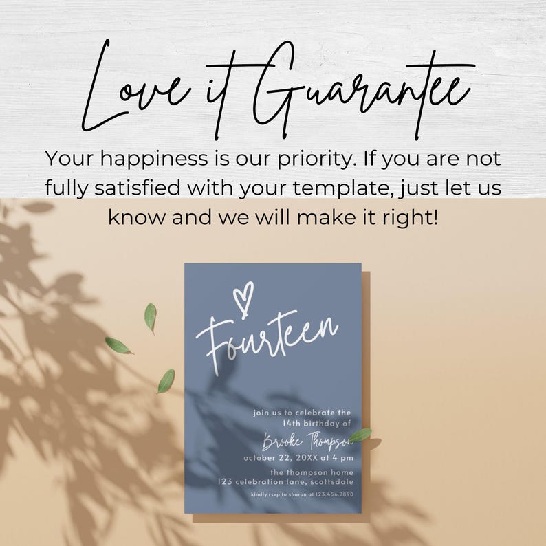 Peut inclure: Une carte d'invitation bleue avec le mot "Fourteen" en &eacute;criture blanche, un symbole de c&oelig;ur et les d&eacute;tails de l'&eacute;v&eacute;nement. La carte est pour une c&eacute;l&eacute;bration du 14e anniversaire. Le texte "Love it Guarantee" est en haut.