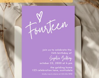14th Birthday Invitation Lavender Purple Fourteenth Birthday Invite for Teenager Colorful Invitation Printable Template Preppy Girl 0020
