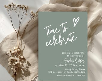 Sage Green Invite Time to Celebrate Birthday Invitation for Girl Sage Green Birthday Teenager Simple Modern Adult Invitation Printable 0003