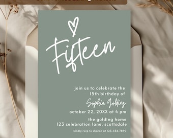 15th Birthday Invitation Sage Green Fifteenth Birthday Invite for Teenage Girl Elegant Simple Dinner Party Modern Boho Celebration 0003