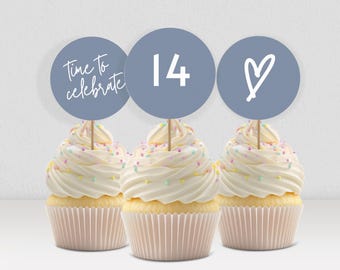 14th Birthday Cupcake Toppers: Dusty Blue Teen Girl Printable Party Decor 0011