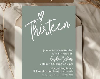 Invitation 13e anniversaire fille vert sauge ado inviter un minimum de partie Invitation de fête dîner élégant modèle imprimable Simple moderne 0003