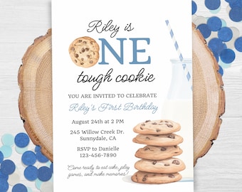 One Tough Cookie Birthday Invitation First Birthday Boy Milk Cookies Party 1st Birthday Cookie Sweet Celebration Toddler Birthday Cute 0005