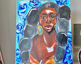30x40 blue background African American woman original acrylic painting on stretched canvas
