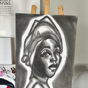African American black woman charcoal black and white originaln18x24 canvas panel wall art drawing