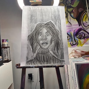 black and white 18x24 girl charcoal portrait wall art drawing original