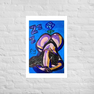 May include: Abstract painting on a white background. The artwork features a figure in a kneeling position with a blue rose above the head. The word "ZzZ" is written in blue. The artist's initials "p.y" are also visible.