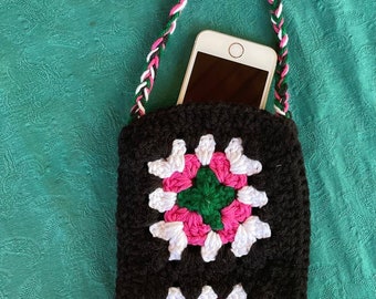 Small black and hot pink crochet crossbody bag, cell phone bag, braided handle, gift for kids, gift for her, gift for tweens