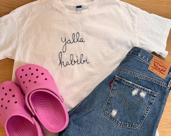 Hand embroidered Yalla Habibi short sleeve t shirt, Muslim gift, Arabic calligraphy, Arab, middle eastern fashion, Afghan refugee maker, tee