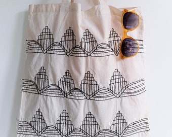 Recycled Cotton 'Mountain' Design Tote Bag, inspired by the mountains of Afghanistan, modern black on white design, gift for Ramadan Eid