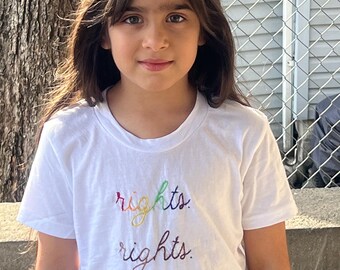Hand embroidered t-shirt equal rights, equality, Human Rights tee rainbow colors, Afghan refugee made, Bibi Collective, kids