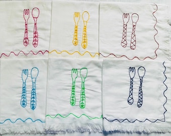 Linen cotton  dinner napkins cotton napkin set hand embroidered napkins hostess gift housewarming gift cloth napkins spoon fork embroidery