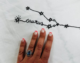 Hand embroidered zodiac astrology white t-shirt, horoscope shirt, birthday gift, personalized, custom, embroider, Afghan refugee
