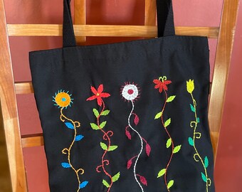 Black & Bright Flower Tote hand embroidery reusable tote afghan embroidery afghan art refugee art wildflower tote boho chic bag recycled bag
