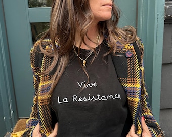 minimalist hand embroidered sweatshirt, feminist clothes, vive la resistance, french saying shirt, pro democracy, Afghan refugee made, Bibi