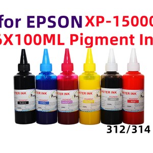 May include: Six 100 ml bottles of pigment ink for Epson XP-15000 printer. The bottles are labelled with the colours black, cyan, magenta, yellow, grey, and red.